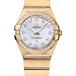 Omega Ladies Constellation Quartz Watch – 27 mm Brushed Yellow Gold Case – Diamond Bezel – Mother-Of-Pearl Diamond Dial – 123.55.27.60.55.003