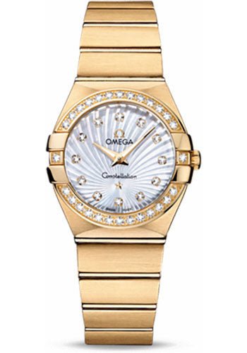 Omega Ladies Constellation Quartz Watch – 27 mm Brushed Yellow Gold Case – Diamond Bezel – Mother-Of-Pearl Diamond Dial – 123.55.27.60.55.003