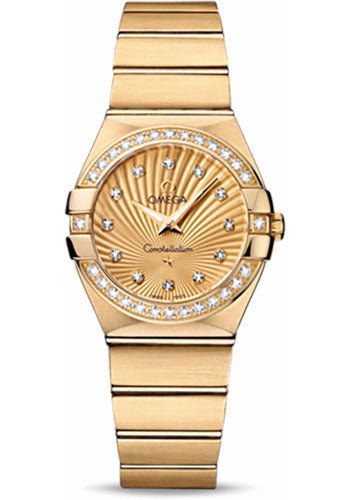 Omega Ladies Constellation Quartz Watch – 27 mm Brushed Yellow Gold Case – Diamond Bezel – Champagne Diamond Dial – 123.55.27.60.58.001