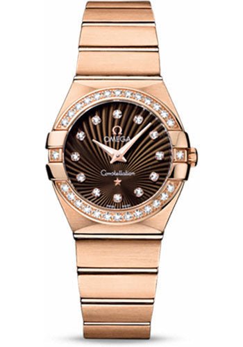 Omega Ladies Constellation Quartz Watch – 27 mm Brushed Red Gold Case – Diamond Bezel – Brown Diamond Dial – 123.55.27.60.63.001
