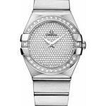 Omega Ladies Constellation Quartz Watch – 27 mm Brushed White Gold Case – Diamond Bezel – Diamond Paved Dial – 123.55.27.60.99.001