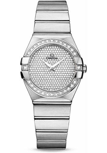 Omega Ladies Constellation Quartz Watch – 27 mm Brushed White Gold Case – Diamond Bezel – Diamond Paved Dial – 123.55.27.60.99.001
