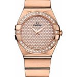 Omega Ladies Constellation Quartz Watch – 27 mm Brushed Red Gold Case – Diamond Bezel – Diamond Paved Dial – 123.55.27.60.99.004