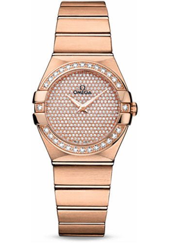 Omega Ladies Constellation Quartz Watch – 27 mm Brushed Red Gold Case – Diamond Bezel – Diamond Paved Dial – 123.55.27.60.99.004