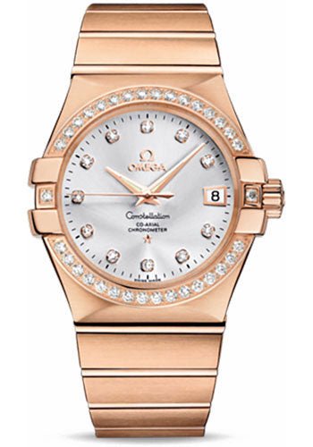 Omega Gents Constellation Chronometer Watch – 35 mm Brushed Red Gold Case – Diamond Bezel – Silver Diamond Dial – 123.55.35.20.52.001