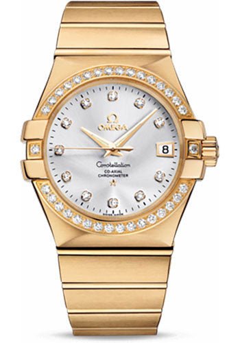 Omega Gents Constellation Chronometer Watch – 35 mm Brushed Yellow Gold Case – Diamond Bezel – Silver Diamond Dial – 123.55.35.20.52.002