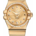 Omega Gents Constellation Chronometer Watch – 35 mm Brushed Yellow Gold Case – Diamond Bezel – Champagne Diamond Dial – 123.55.35.20.58.001