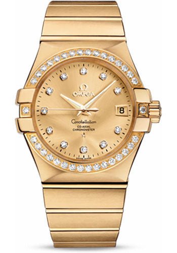 Omega Gents Constellation Chronometer Watch – 35 mm Brushed Yellow Gold Case – Diamond Bezel – Champagne Diamond Dial – 123.55.35.20.58.001