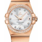 Omega Gents Constellation Chronometer Watch – 38 mm Brushed Red Gold Case – Diamond Bezel – Silver Diamond Dial – 123.55.38.21.52.001
