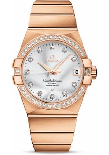 Omega Gents Constellation Chronometer Watch – 38 mm Brushed Red Gold Case – Diamond Bezel – Silver Diamond Dial – 123.55.38.21.52.001