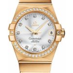 Omega Gents Constellation Chronometer Watch – 38 mm Brushed Yellow Gold Case – Diamond Bezel – Silver Diamond Dial – 123.55.38.21.52.002