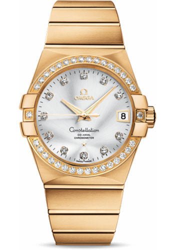 Omega Gents Constellation Chronometer Watch – 38 mm Brushed Yellow Gold Case – Diamond Bezel – Silver Diamond Dial – 123.55.38.21.52.002