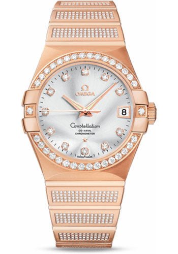 Omega Constellation Jewellery Luxury Edition Chronometer Watch – 38 mm Brushed Red Gold Case – Diamond Bezel – Silver Diamond Dial – 123.55.38.21.52.005