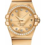 Omega Gents Constellation Chronometer Watch – 38 mm Brushed Yellow Gold Case – Diamond Bezel – Champagne Diamond Dial – 123.55.38.21.58.001