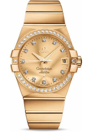 Omega Gents Constellation Chronometer Watch – 38 mm Brushed Yellow Gold Case – Diamond Bezel – Champagne Diamond Dial – 123.55.38.21.58.001