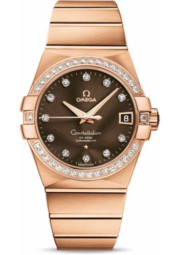 Omega Gents Constellation Chronometer Watch – 38 mm Brushed Red Gold Case – Diamond Bezel – Brown Diamond Dial – 123.55.38.21.63.001