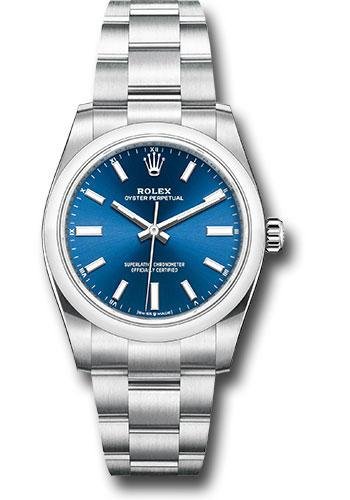 Rolex Oyster Perpetual 34 Watch – Domed Bezel – Blue Index Dial – Oyster Bracelet – 2020 Release – 124200 bluio