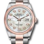 Rolex Steel and Everose Rolesor Datejust 36 Watch – Domed Bezel – White Mother-Of-Pearl Diamond Dial – Oyster Bracelet – 126201