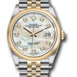 Rolex Steel and Yellow Gold Rolesor Datejust 36 Watch – Domed Bezel – White Mother-Of-Pearl Diamond Dial – Jubilee Bracelet – 126203