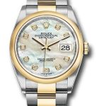 Rolex Steel and Yellow Gold Rolesor Datejust 36 Watch – Domed Bezel – White Mother-Of-Pearl Diamond Dial – Oyster Bracelet – 126203