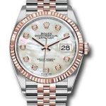 Rolex Steel and Everose Rolesor Datejust 36 Watch – Fluted Bezel – White Mother-Of-Pearl Diamond Dial – Jubilee Bracelet – 126231