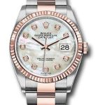 Rolex Steel and Everose Rolesor Datejust 36 Watch – Fluted Bezel – White Mother-Of-Pearl Diamond Dial – Oyster Bracelet – 126231