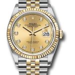 Rolex Steel and Yellow Gold Rolesor Datejust 36 Watch – Fluted Bezel – Champagne Diamond Dial – Jubilee Bracelet – 126233