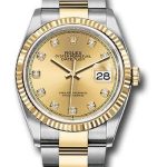 Rolex Steel and Yellow Gold Rolesor Datejust 36 Watch – Fluted Bezel – Champagne Diamond Dial – Oyster Bracelet – 126233