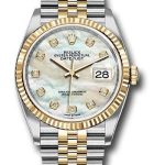 Rolex Steel and Yellow Gold Rolesor Datejust 36 Watch – Fluted Bezel – White Mother-Of-Pearl Diamond Dial – Jubilee Bracelet – 126233