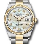 Rolex Steel and Yellow Gold Rolesor Datejust 36 Watch – Fluted Bezel – White Mother-Of-Pearl Diamond Dial – Oyster Bracelet – 126233