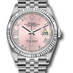 Rolex Steel Datejust 36 Watch – Fluted Bezel – Pink Diamond Roman VI and IX Dial – Jubilee Bracelet – 2019 Release – 126234 pdr69j
