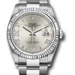 Rolex Steel Datejust 36 Watch – Fluted Bezel – Silver Diamond Roman VI and IX Dial – Oyster Bracelet – 2019 Release – 126234 sdr69o