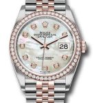 Rolex Steel and Everose Rolesor Datejust 36 Watch – Diamond Bezel – White Mother-Of-Pearl Diamond Dial – Jubilee Bracelet – 126281RBR