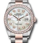Rolex Steel and Everose Rolesor Datejust 36 Watch – Diamond Bezel – White Mother-Of-Pearl Diamond Dial – Oyster Bracelet – 126281RBR