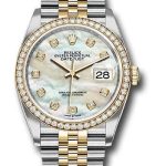 Rolex Steel and Yellow Gold Rolesor Datejust 36 Watch – Yellow Diamond Bezel – White Mother-Of-Pearl Diamond Dial – Jubilee Bracelet – 126283RBR