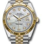 Rolex Steel and Yellow Gold Rolesor Datejust 41 Watch – Fluted Bezel – White Mother-Of-Pearl Diamond Dial – Jubilee Bracelet – 126333