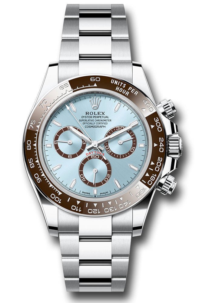 Rolex Platinum Cosmograph Daytona Watch – Chestnut Brown Cerachrom Bezel – Ice Blue Index Dial – Oyster Bracelet – 126506