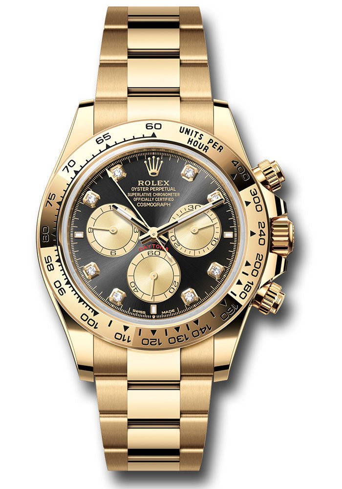 Rolex Yellow Gold Cosmograph Daytona Watch – Fixed Bezel – Black And Golden Diamond Dial – Oyster Bracelet – 126508 bkchdo