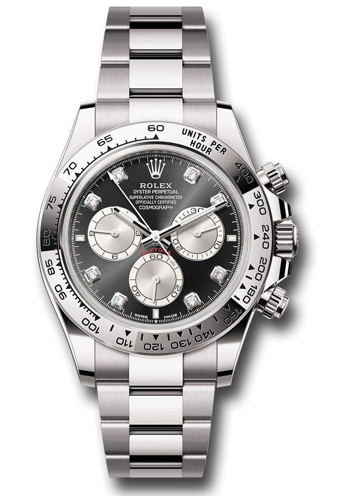 Rolex White Gold Cosmograph Daytona Watch – Fixed Bezel – Black And Steel Diamond Dial – Oyster Bracelet – 126509 bkstdo