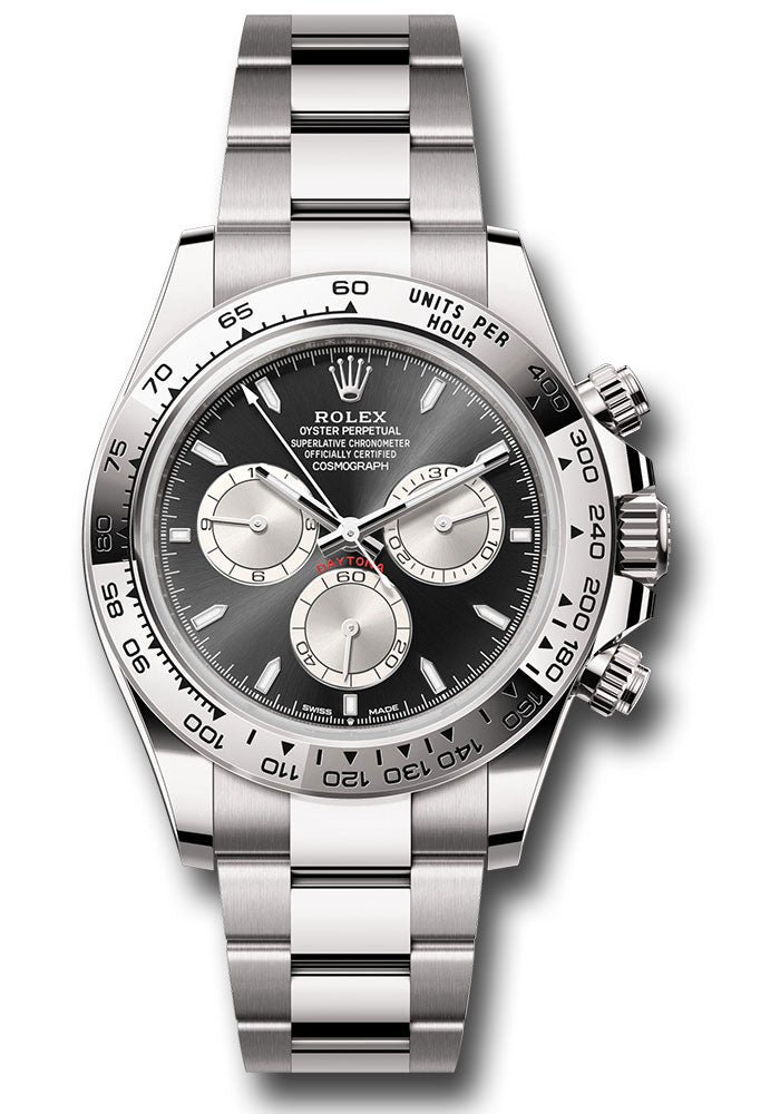 Rolex White Gold Cosmograph Daytona Watch – Fixed Bezel – Black And Steel Index Dial – Oyster Bracelet – 126509 bkstio