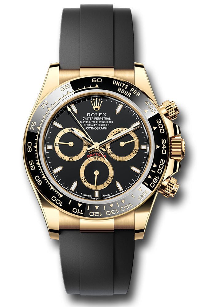 Rolex Yellow Gold Cosmograph Daytona Watch – Black Cerachrom Bezel – Black Index Dial – Oysterflex Strap – 126518ln bkiof