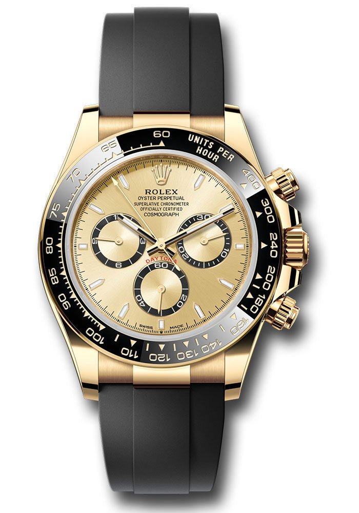 Rolex Yellow Gold Cosmograph Daytona Watch – Black Cerachrom Bezel – Golden Index Dial – Oysterflex Strap – 126518ln chiof