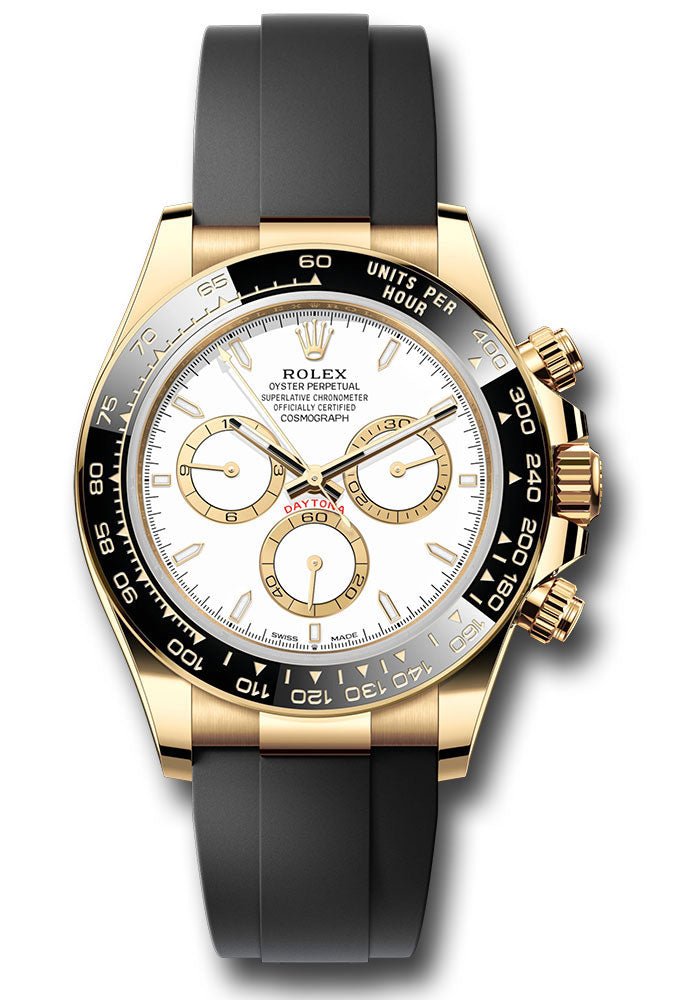 Rolex Yellow Gold Cosmograph Daytona Watch – Black Cerachrom Bezel – White Index Dial – Oysterflex Strap – 126518ln