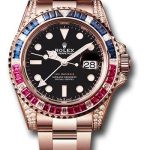 Rolex Everose GMT-Master II 40 Watch – Diamond Lugs – Diamond Sapphire Emerald Bezel – Black Dial – Oyster Bracelet – 126755SARU