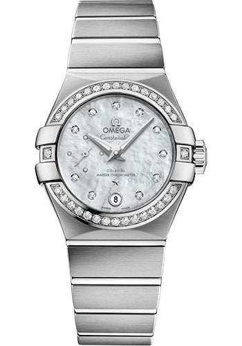 Omega Constellation Co-Axial Master CHRONOMETER Small Seconds Petite Seconde Watch – 27 mm Steel Case – White Mother-Of-Pearl Diamond Dial – 127.15.27.20.55.001