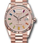 Rolex Everose Gold Day-Date 36 Watch – Fluted Bezel – Diamond-Paved Rainbow Sapphire Dial – President Bracelet – 128235 dprsp