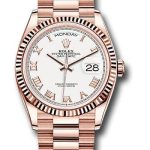 Rolex Everose Gold Day-Date 36 Watch – Fluted Bezel – White Roman Dial – President Bracelet – 128235