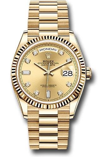 Rolex Yellow Gold Day-Date 36 Watch – Fluted Bezel – Champagne Diamond Dial – President Bracelet – 128238