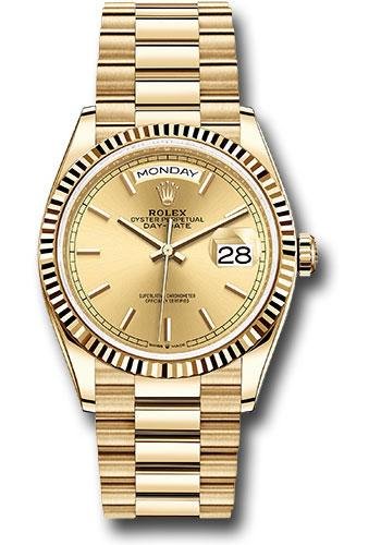 Rolex Yellow Gold Day-Date 36 Watch – Fluted Bezel – Champagne Index Dial – President Bracelet – 128238