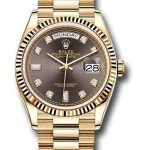 Rolex Yellow Gold Day-Date 36 Watch – Fluted Bezel – Dark Grey Diamond Dial – President Bracelet – 128238 dkgdp